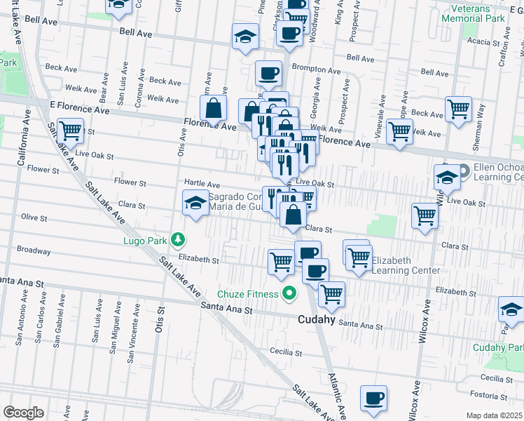 map of restaurants, bars, coffee shops, grocery stores, and more near 4421 Clara Street in Cudahy