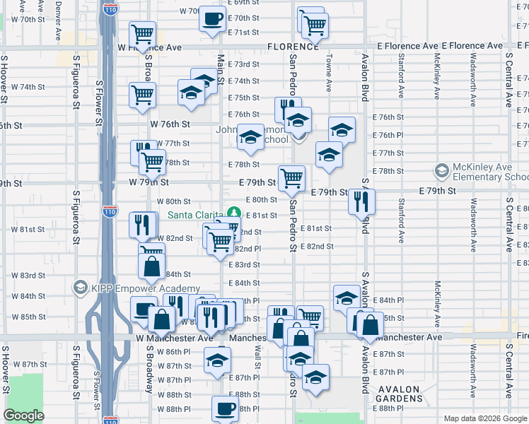 map of restaurants, bars, coffee shops, grocery stores, and more near 154 East 81st Street in Los Angeles