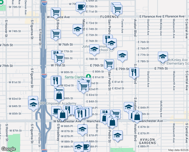 map of restaurants, bars, coffee shops, grocery stores, and more near 154 East 81st Street in Los Angeles
