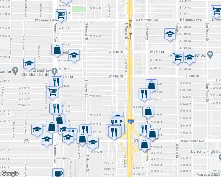map of restaurants, bars, coffee shops, grocery stores, and more near 539 West 81st Street in Los Angeles