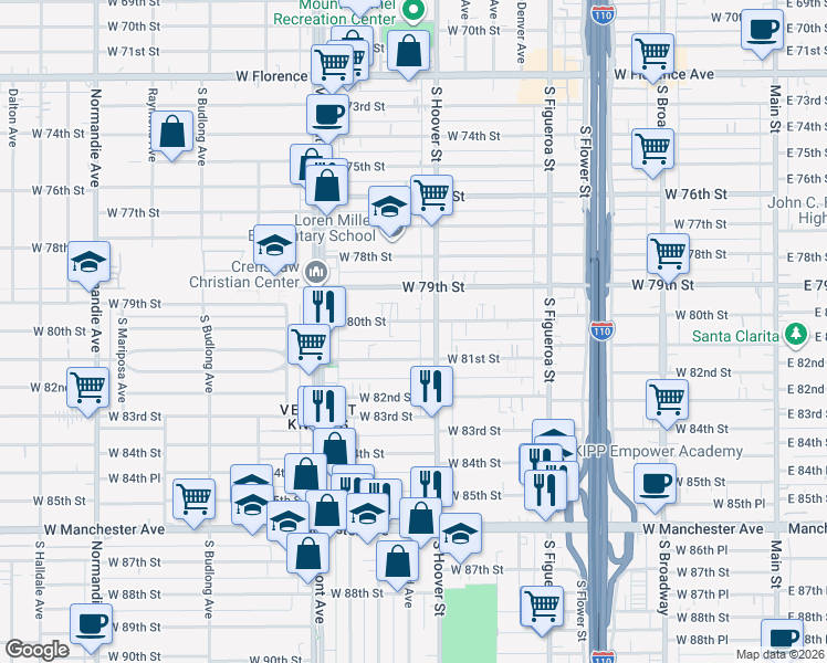 map of restaurants, bars, coffee shops, grocery stores, and more near 839 West 81st Street in Los Angeles