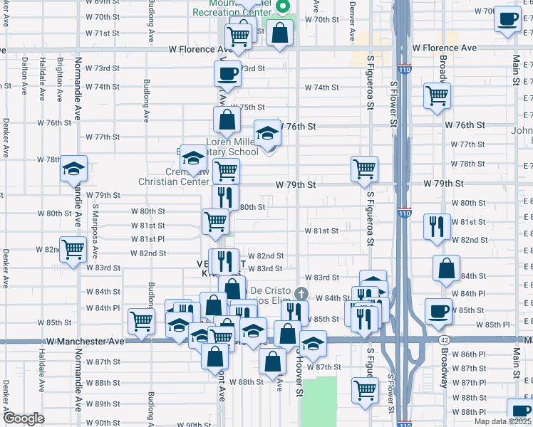 map of restaurants, bars, coffee shops, grocery stores, and more near 839 West 81st Street in Los Angeles