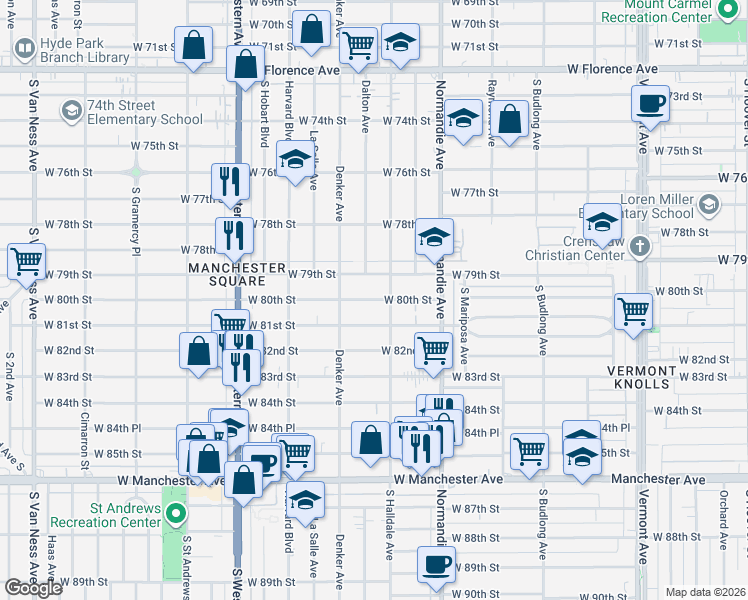 map of restaurants, bars, coffee shops, grocery stores, and more near 1528 West 80th Street in Los Angeles
