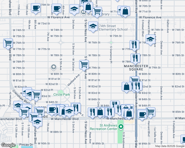 map of restaurants, bars, coffee shops, grocery stores, and more near 2140 West 80th Street in Los Angeles