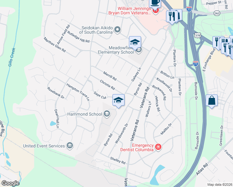 map of restaurants, bars, coffee shops, grocery stores, and more near 6519 Saye Cut in Columbia