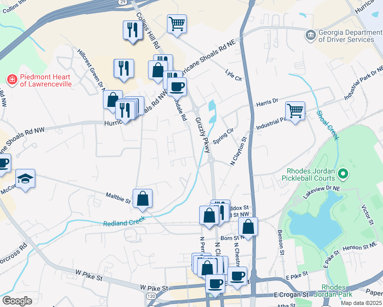 map of restaurants, bars, coffee shops, grocery stores, and more near 57 Northdale Place in Lawrenceville