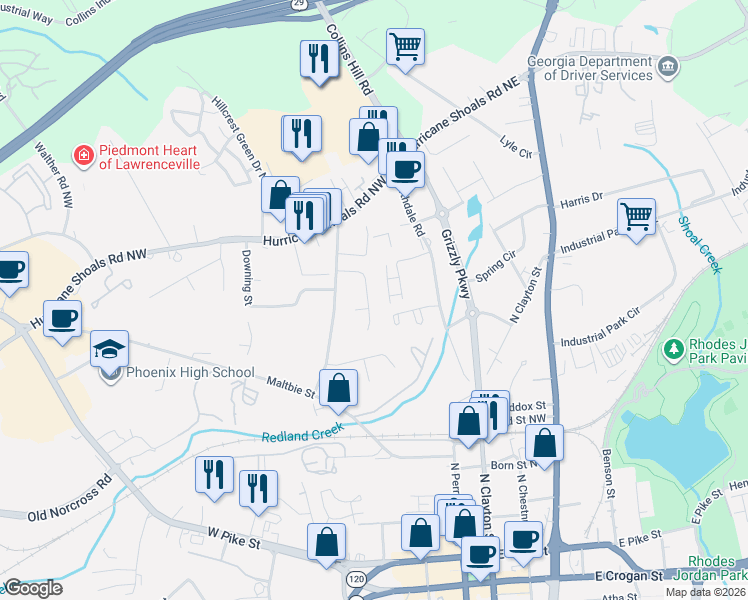 map of restaurants, bars, coffee shops, grocery stores, and more near 458 Southern Way in Lawrenceville
