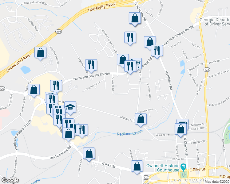 map of restaurants, bars, coffee shops, grocery stores, and more near 460 Downing Street in Lawrenceville