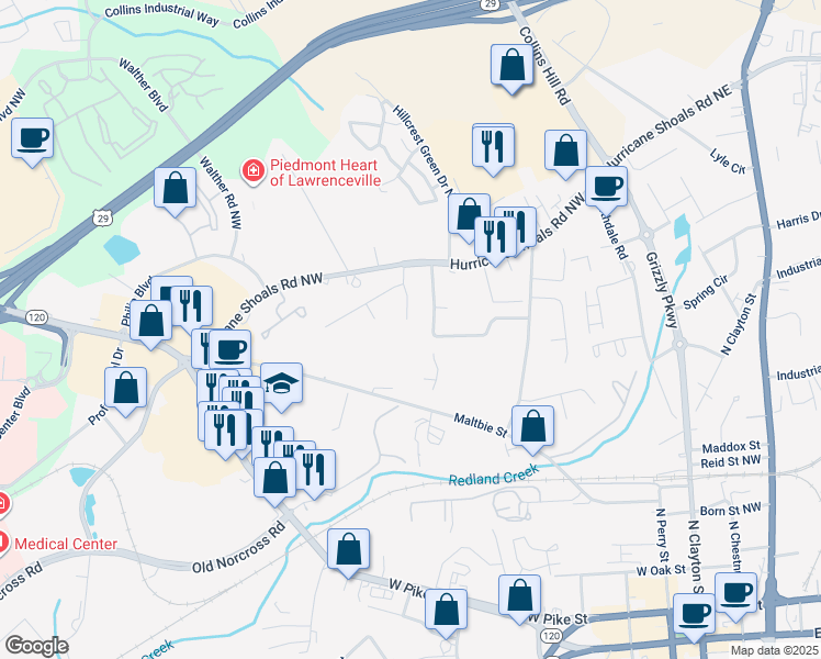map of restaurants, bars, coffee shops, grocery stores, and more near 507 Whitehall Lane in Lawrenceville
