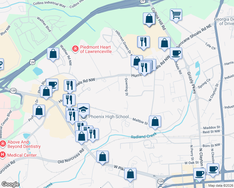 map of restaurants, bars, coffee shops, grocery stores, and more near 507 Whitehall Lane in Lawrenceville
