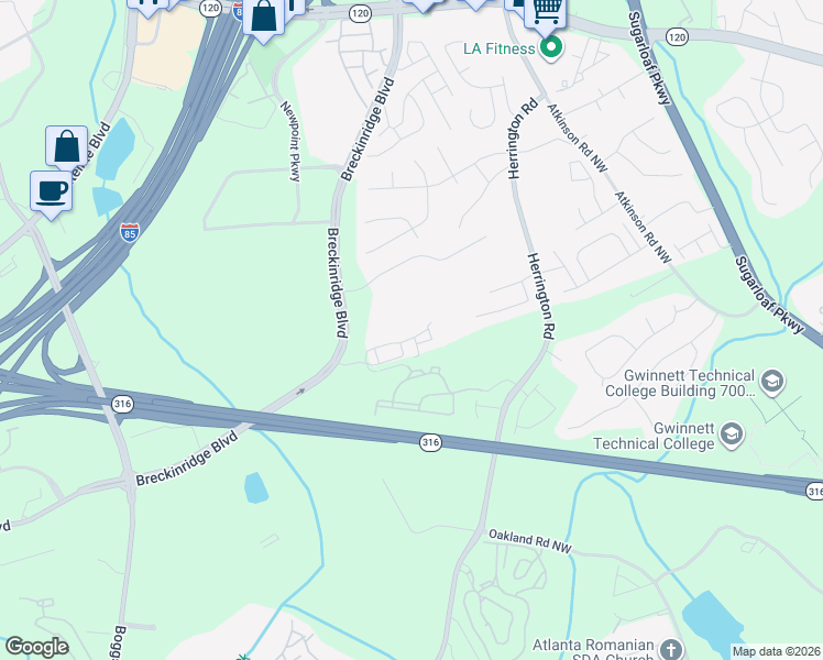 map of restaurants, bars, coffee shops, grocery stores, and more near 1628 Halliard Drive in Lawrenceville
