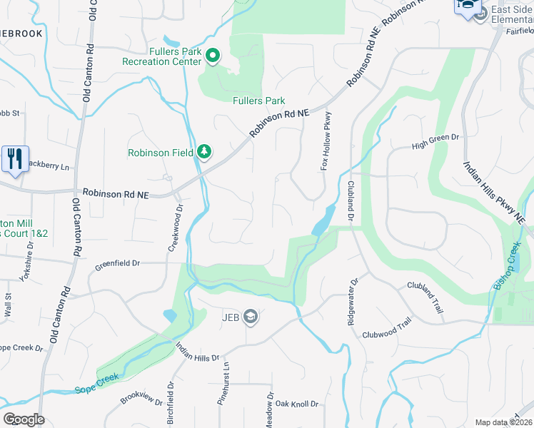 map of restaurants, bars, coffee shops, grocery stores, and more near 734 Robinson Farms Drive in Marietta