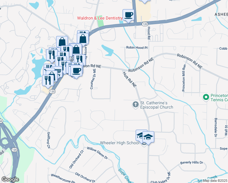 map of restaurants, bars, coffee shops, grocery stores, and more near 664 McBurnette Road North East in Marietta