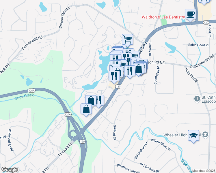 map of restaurants, bars, coffee shops, grocery stores, and more near 2261 Ravenwood Trail in Marietta
