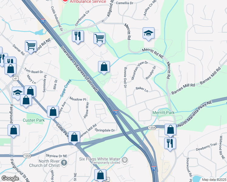 map of restaurants, bars, coffee shops, grocery stores, and more near 172 Bankston Road in Marietta