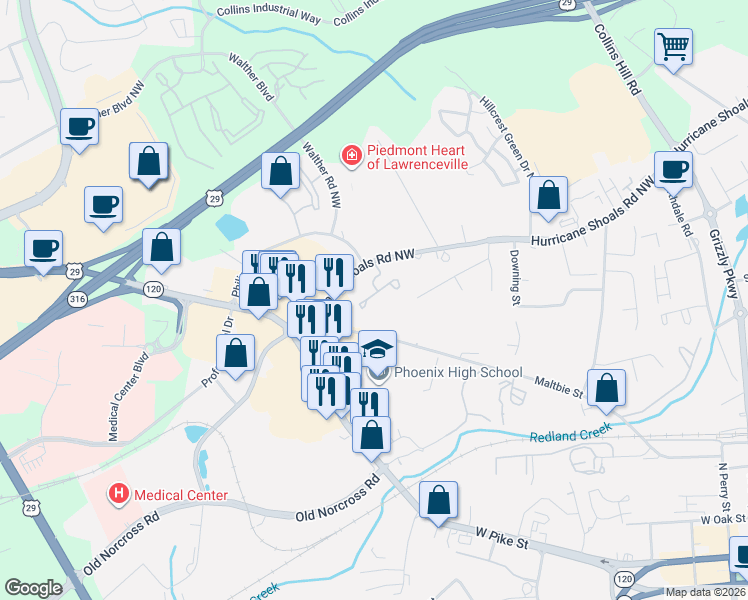 map of restaurants, bars, coffee shops, grocery stores, and more near 402 Bridge Way in Lawrenceville