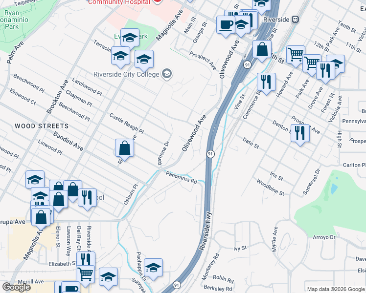 map of restaurants, bars, coffee shops, grocery stores, and more near 5134 Olivewood Avenue in Riverside