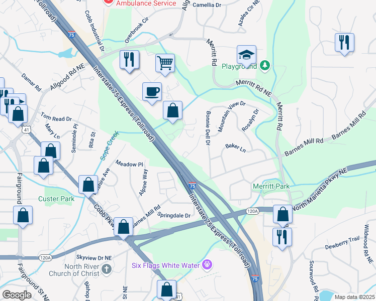 map of restaurants, bars, coffee shops, grocery stores, and more near 172 Bankston Road in Marietta