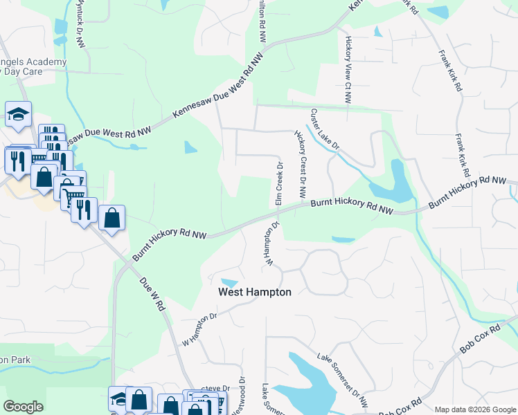 map of restaurants, bars, coffee shops, grocery stores, and more near 3450 Burnt Hickory Road Northwest in Marietta