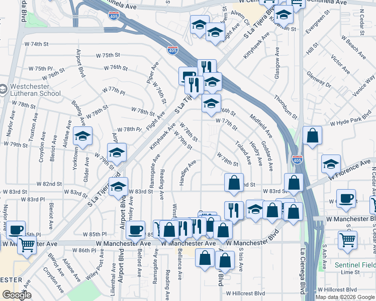 map of restaurants, bars, coffee shops, grocery stores, and more near 7901 Winsford Avenue in Los Angeles