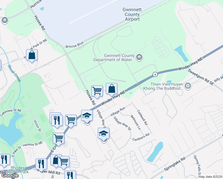 map of restaurants, bars, coffee shops, grocery stores, and more near 340 Timber Gate Court in Lawrenceville