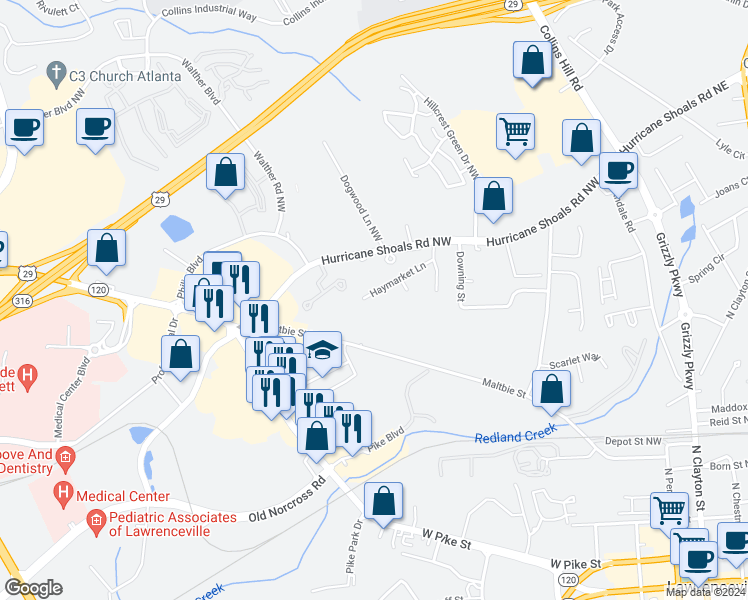 map of restaurants, bars, coffee shops, grocery stores, and more near 346 Haymarket Lane in Lawrenceville