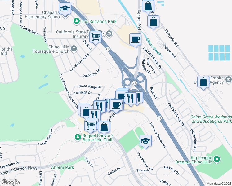 map of restaurants, bars, coffee shops, grocery stores, and more near 15811 Ellington Way in Chino Hills