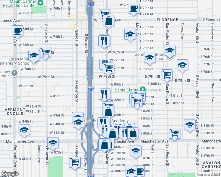 map of restaurants, bars, coffee shops, grocery stores, and more near 8000 South Broadway in Los Angeles