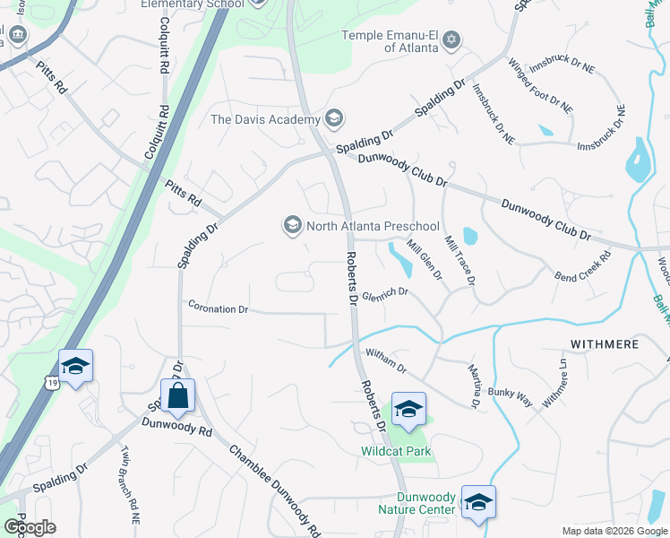 map of restaurants, bars, coffee shops, grocery stores, and more near 5630 Roberts Drive in Dunwoody