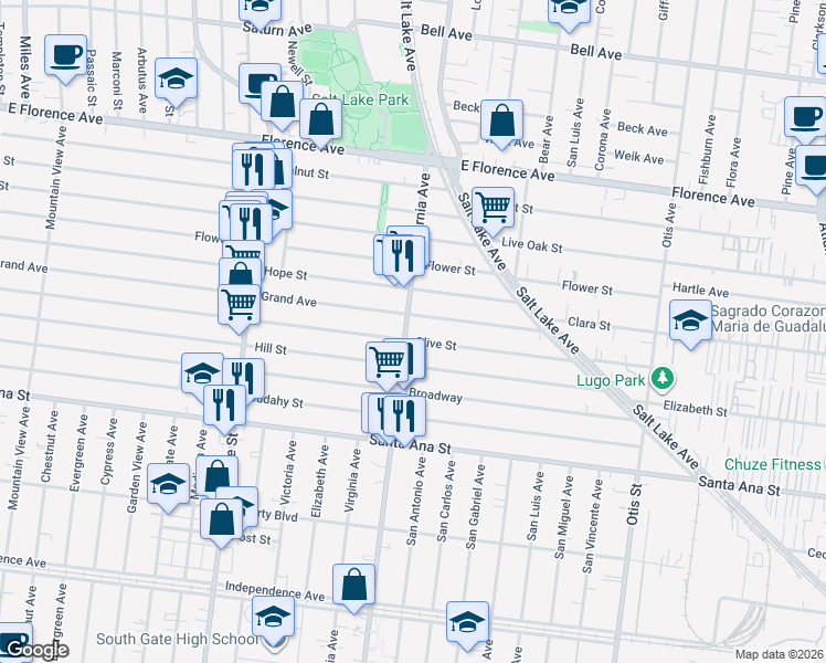 map of restaurants, bars, coffee shops, grocery stores, and more near 7716 California Avenue in Huntington Park