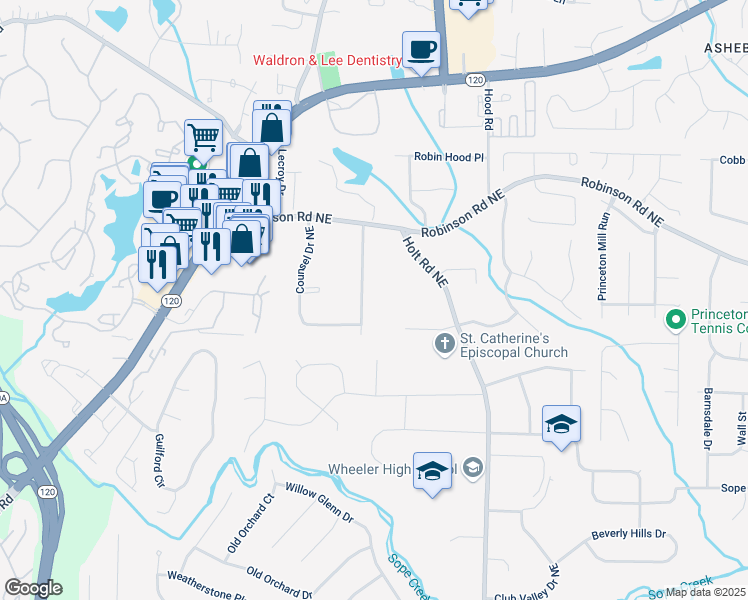 map of restaurants, bars, coffee shops, grocery stores, and more near 664 McBurnette Road North East in Marietta