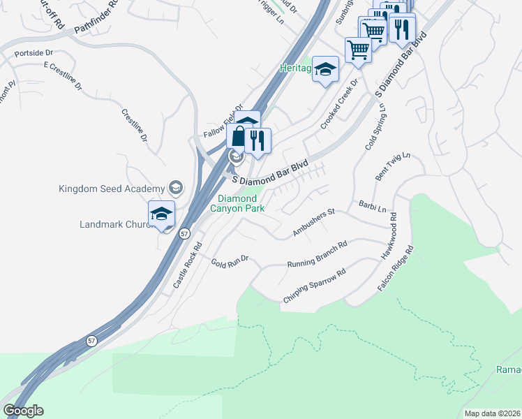 map of restaurants, bars, coffee shops, grocery stores, and more near 20943 Ambushers Street in Diamond Bar
