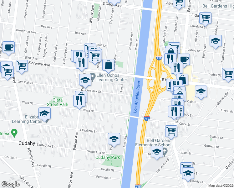 map of restaurants, bars, coffee shops, grocery stores, and more near 5228 Live Oak Street in Cudahy