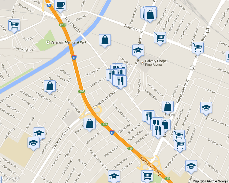 map of restaurants, bars, coffee shops, grocery stores, and more near in Downey