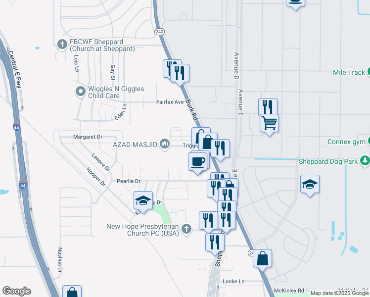 map of restaurants, bars, coffee shops, grocery stores, and more near 1525 Trigg Lane in Wichita Falls