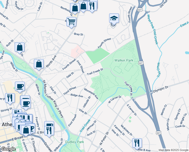 map of restaurants, bars, coffee shops, grocery stores, and more near 148 Trail Creek Street in Athens