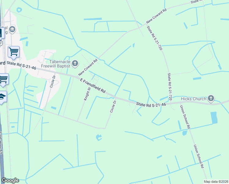 map of restaurants, bars, coffee shops, grocery stores, and more near 333 East Friendfield Road in Coward
