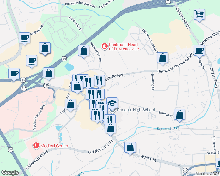 map of restaurants, bars, coffee shops, grocery stores, and more near 207 Bridge Way in Lawrenceville