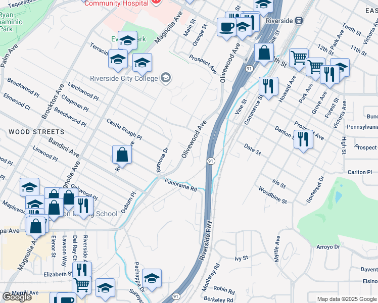 map of restaurants, bars, coffee shops, grocery stores, and more near 5035 Olivewood Avenue in Riverside