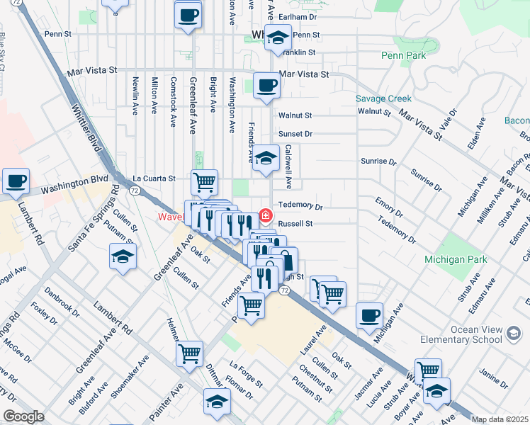 map of restaurants, bars, coffee shops, grocery stores, and more near 8101 Painter Avenue in Whittier