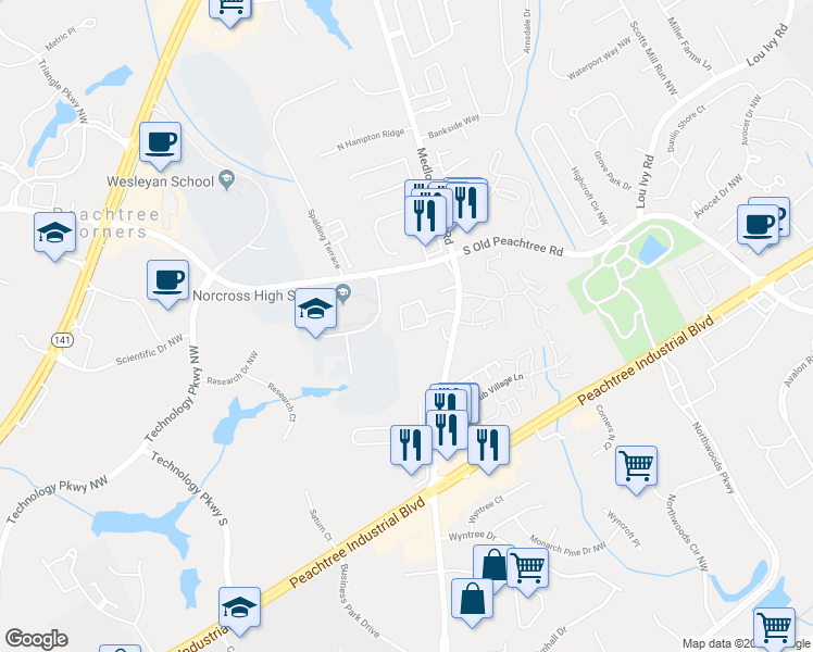 map of restaurants, bars, coffee shops, grocery stores, and more near 3137 Rock Port Circle in Norcross