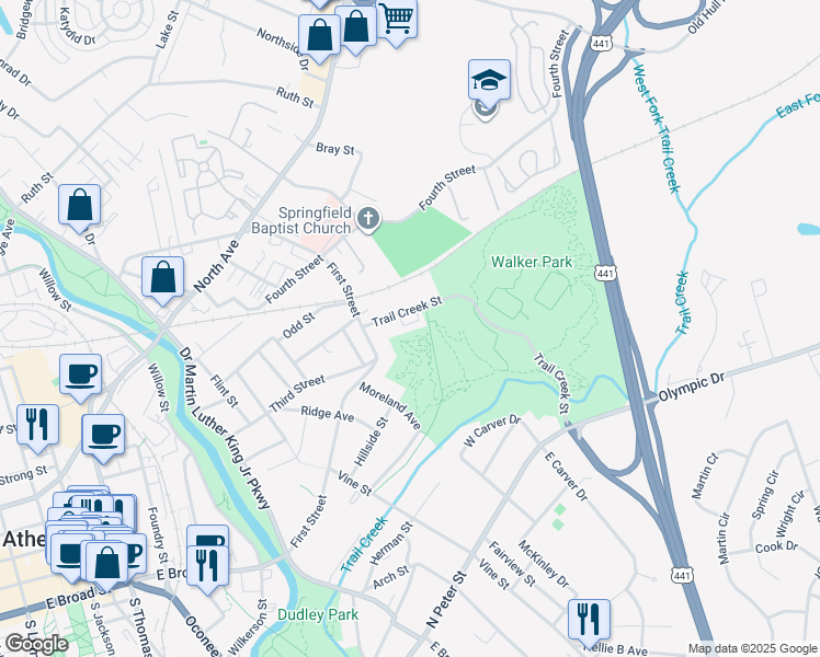 map of restaurants, bars, coffee shops, grocery stores, and more near 310 First Street in Athens