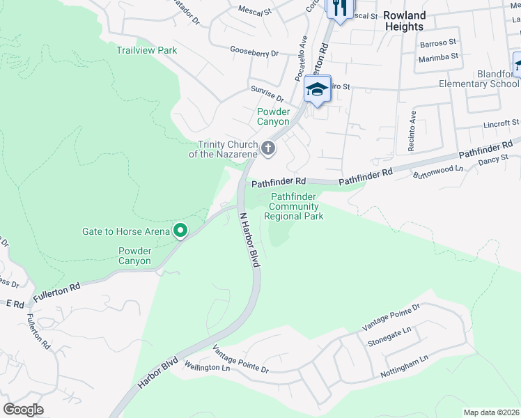 map of restaurants, bars, coffee shops, grocery stores, and more near 18150 Pathfinder Road in Rowland Heights