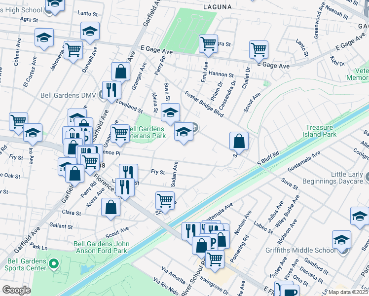 map of restaurants, bars, coffee shops, grocery stores, and more near 6740 Suva Street in Bell Gardens