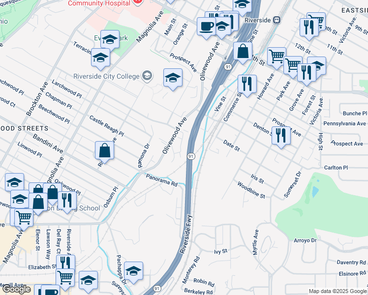 map of restaurants, bars, coffee shops, grocery stores, and more near 5050 Brooks Street in Riverside