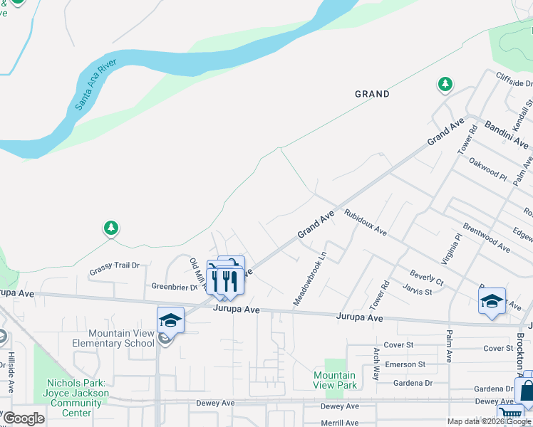 map of restaurants, bars, coffee shops, grocery stores, and more near 5175 Park Cliff Court in Riverside