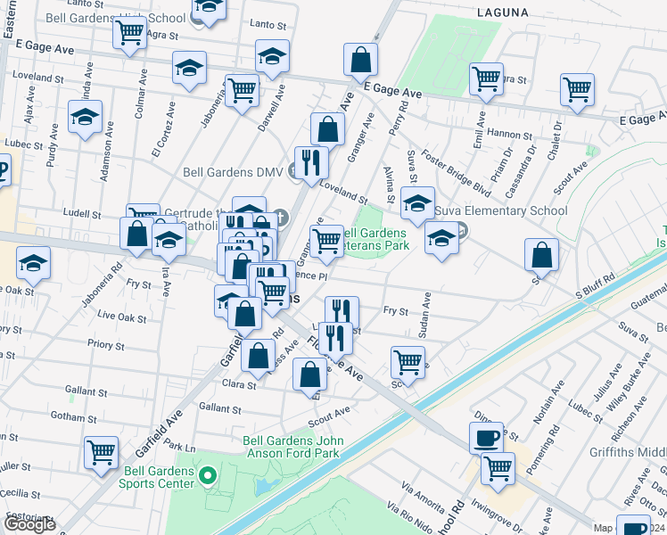 map of restaurants, bars, coffee shops, grocery stores, and more near 6614 Florence Place in Bell Gardens