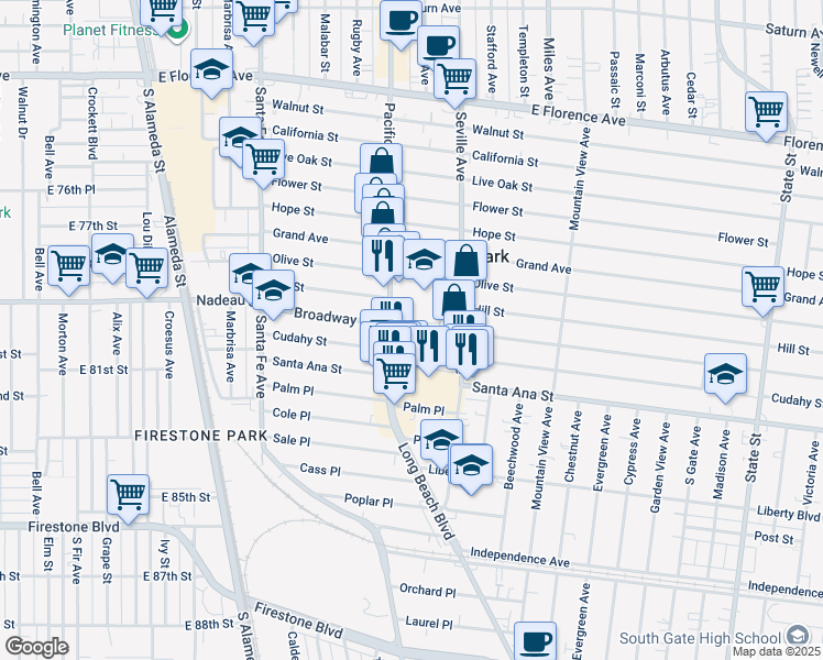 map of restaurants, bars, coffee shops, grocery stores, and more near 2629 Cudahy Street in Huntington Park