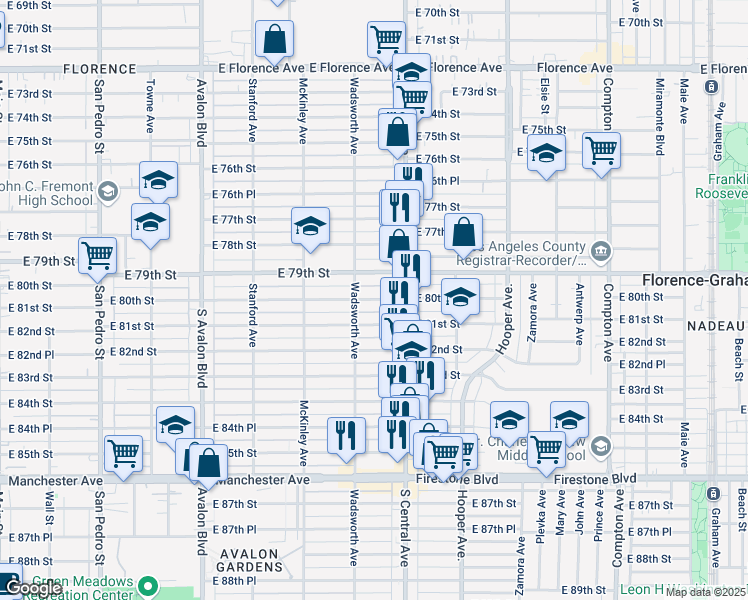 map of restaurants, bars, coffee shops, grocery stores, and more near 8013 Wadsworth Avenue in Los Angeles
