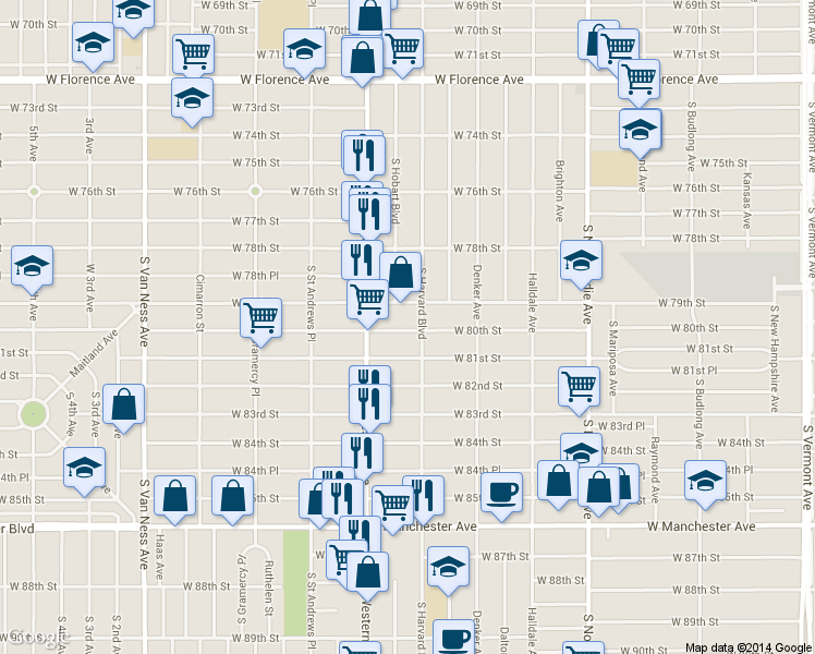 map of restaurants, bars, coffee shops, grocery stores, and more near 1728 West 80th Street in Los Angeles